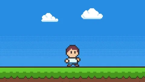 8-bit pixel art 2d platformer game style background with walking character Stock Footage 326848759