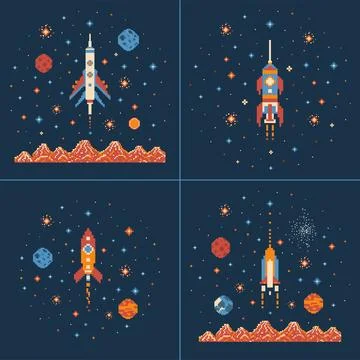 8 bit Pixel Art Arcade Space Games Scenes Stock Illustration