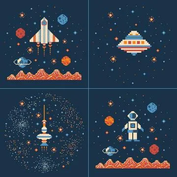 8 bit Pixel Art Arcade Space Games Scenes Stock Illustration