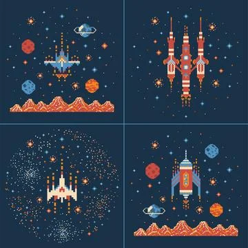 8 bit Pixel Art Arcade Space Games Scenes Illustrazione stock