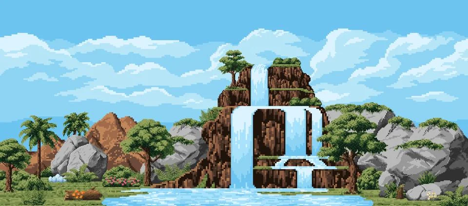 8 bit pixel art arcade game, prehistoric landscape Stockillustratie