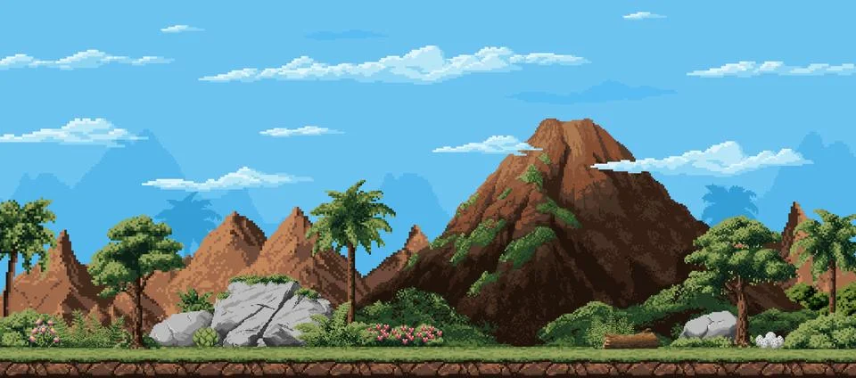8 bit pixel art arcade game, prehistoric landscape Stock Illustration