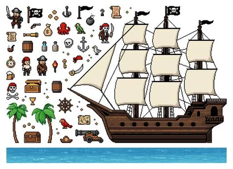 8 bit pixel art arcade game pirate characters Stock Illustration