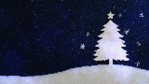 8-bit pixel art Christmas tree on snowy hill. Retro winter holiday night sky Stock Footage 341748443