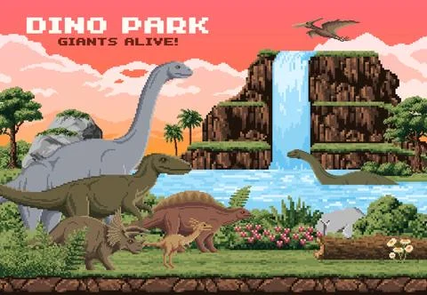 8 bit pixel art dinosaurs, arcade game landscape Stock Illustration