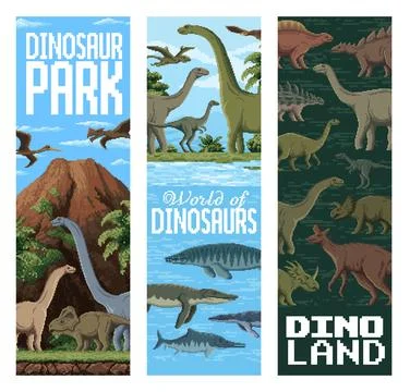 8 bit pixel art dinosaurs. Dino world park banners Stock Illustration