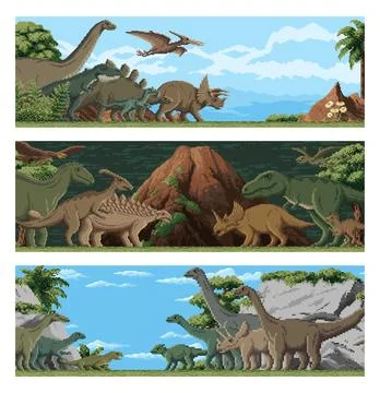 8 bit pixel art dinosaurs, dino park landscape Stock Illustration