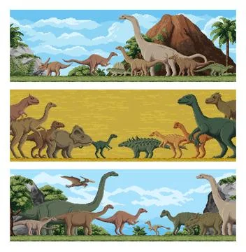 8 bit pixel art dinosaurs cartoon Jurassic lizards Stock Illustration