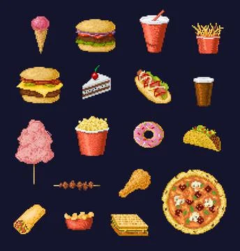 8 bit pixel art fast food and drinks vector icons Stock Illustration