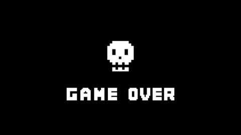 8-bit pixel art game style game over text on black background with skeleton head Stock Footage 326848753