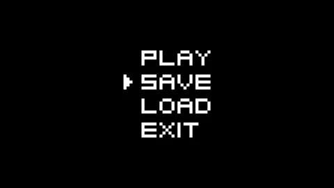 8-bit pixel art game style menu option text on black background Stock Footage 326848756