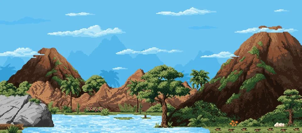 8 bit pixel art game prehistoric landscape, level Stock Illustration