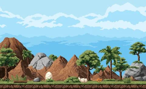 8 bit pixel art game background with dino egg Illustrazione stock