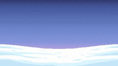 8-bit pixel art game winter background. Pixel snowy hills against blue sky. Stock Illustration