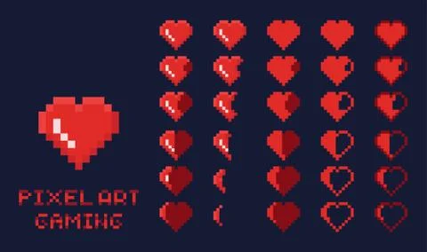 8 bit pixel art GUI Game design element - heart for health gradation Stock Illustration