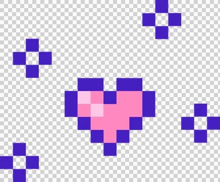 8-bit pixel art heart icon is floating with purple sparkles on transparent Illustration