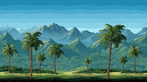8 Bit pixel art jungle forest game level landscape Stock Illustration