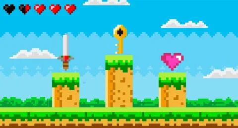 8-bit pixel art landscape with floating sword, key, and heart on platforms 스톡 일러스트