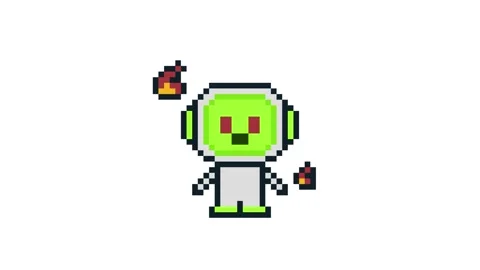 8-bit pixel art neon green ai robot fire attack. looped animation 4k 30fps Stock Footage 326849007