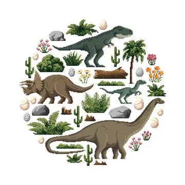 8 Bit pixel art prehistoric dinosaurs, game asset Stock Illustration