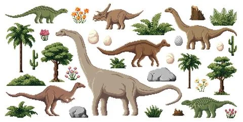 8 bit pixel art prehistoric dinosaurs, game assets Stock Illustration