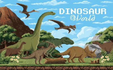 8 bit pixel art prehistoric dinosaurs, retro scene Stock Illustration