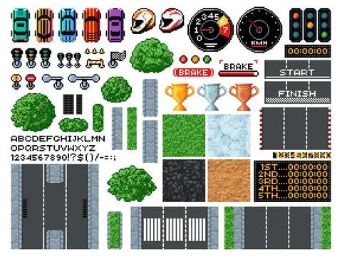 8 bit pixel art race game, top view racing tracks Illustrazione stock
