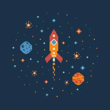 8 bit Pixel Art Rocket in Outer Space Stock Illustration