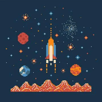 8 bit Pixel Art Rocket in Outer Space Illustrazione stock
