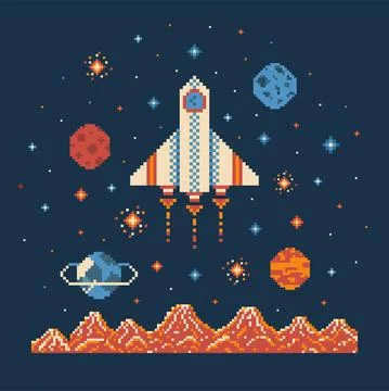 8 bit Pixel Art Rocket in Outer Space Stock Illustration