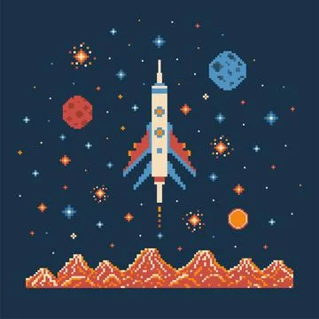 8 bit Pixel Art Rocket in Outer Space Stock Illustration