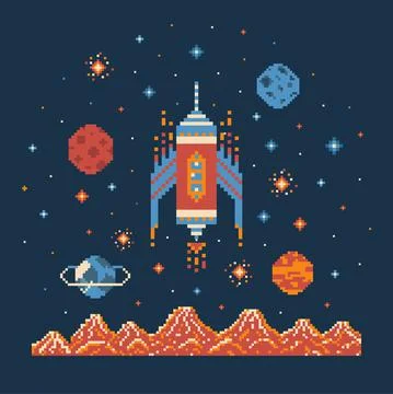 8 bit Pixel Art Rocket in Outer Space Stock Illustration