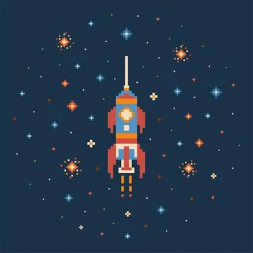 8 bit Pixel Art Rocket in Outer Space Stock Illustration