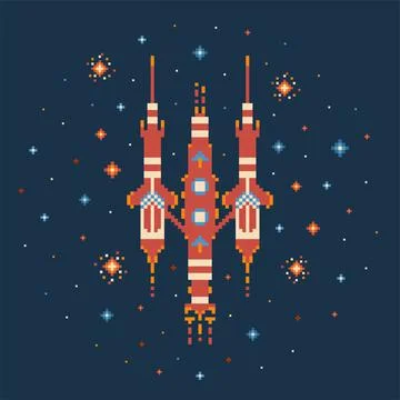 8 bit Pixel Art Spaceship in Outer Space Stock Illustration
