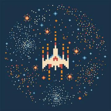 8 bit Pixel Art Spaceship in Outer Space Stock Illustration