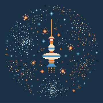 8 bit Pixel Art Spaceship in Outer Space Stock Illustration