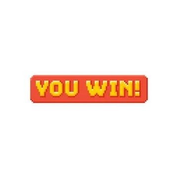 8-bit pixel art style "you win" message in bold yellow text on red background Illustrazione stock