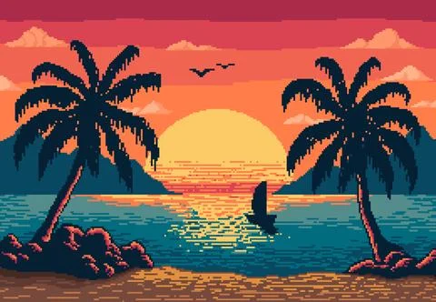 8 bit pixel art, sunset beach landscape background Stock Illustration