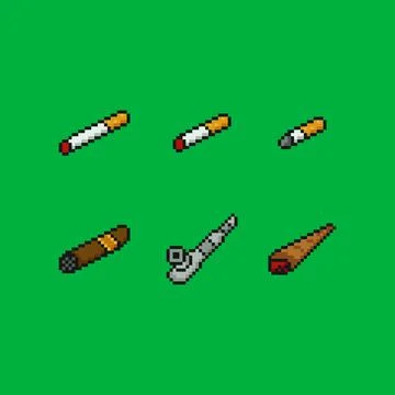 8 bit pixel art vector illustration set. cigarette, cigar, joint, pipe smoking Stock Illustration