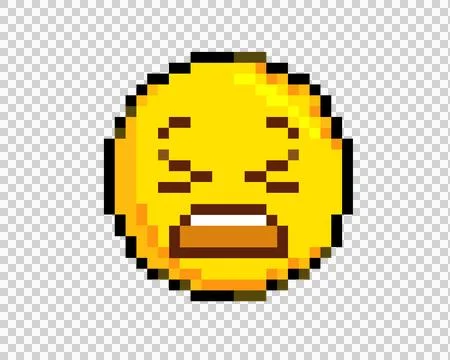 8 bit pixel art yellow disappointed, upset face and closing eyes icon Stock Illustration