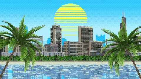 8-bit pixel background with a daytime panorama of a seaside resort city Stock Illustration