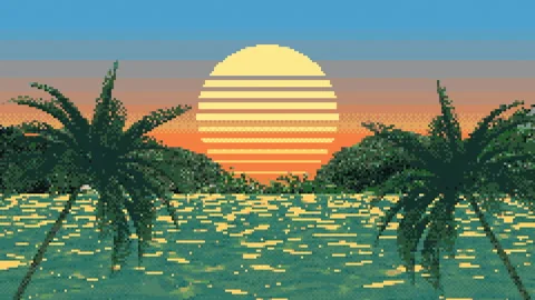 8-bit pixel background with a transition from sunny day to evening sunset 動画素材 333531931