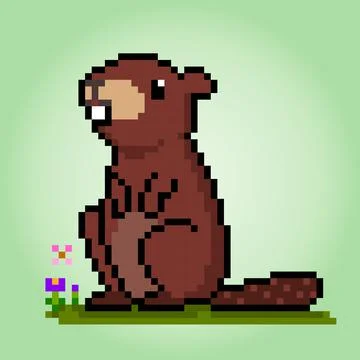8-bit Pixel beaver. Animal for game assets in vector illustration. Stock Illustration