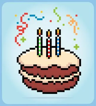 8 bit pixel birthday cake. food item for game assets in vector illustration. Illustrazione stock