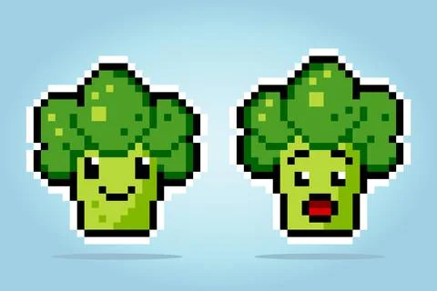 8 bit pixel broccoli characters. Vegetable game assets in vector illustration Stock Illustration
