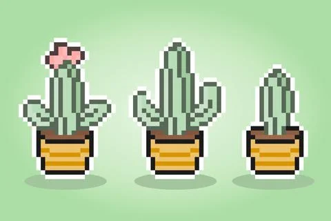 8 bit pixel cactus tree. natural object for game assets in vector Stock Illustration