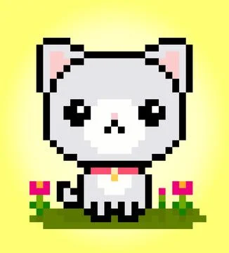 8 bit Pixel cat on garden. Animals for game assets in vector illustrations. 스톡 일러스트