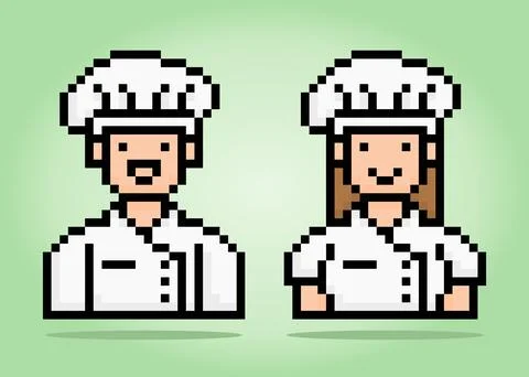 8 bit pixel of chef. People in pairs for game assets in vector illustration. 스톡 일러스트