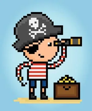 8-bit pixel children's pirates with treasure boxes in vector illustrations Stock Illustration