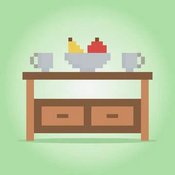 8 bit pixel dining table. Interior game assets in vector illustrations. Иллюстрация